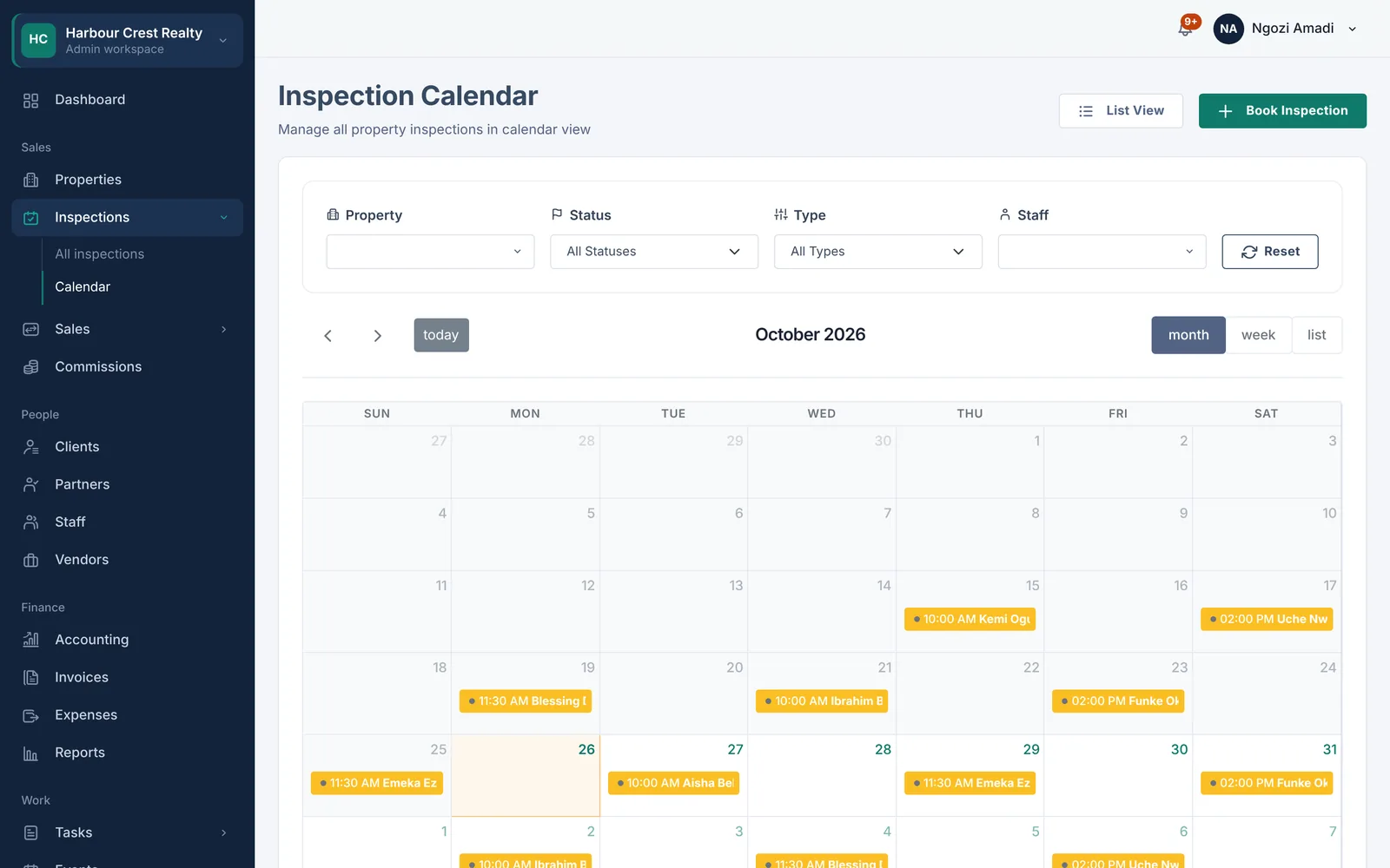 Inspection calendar for the month.