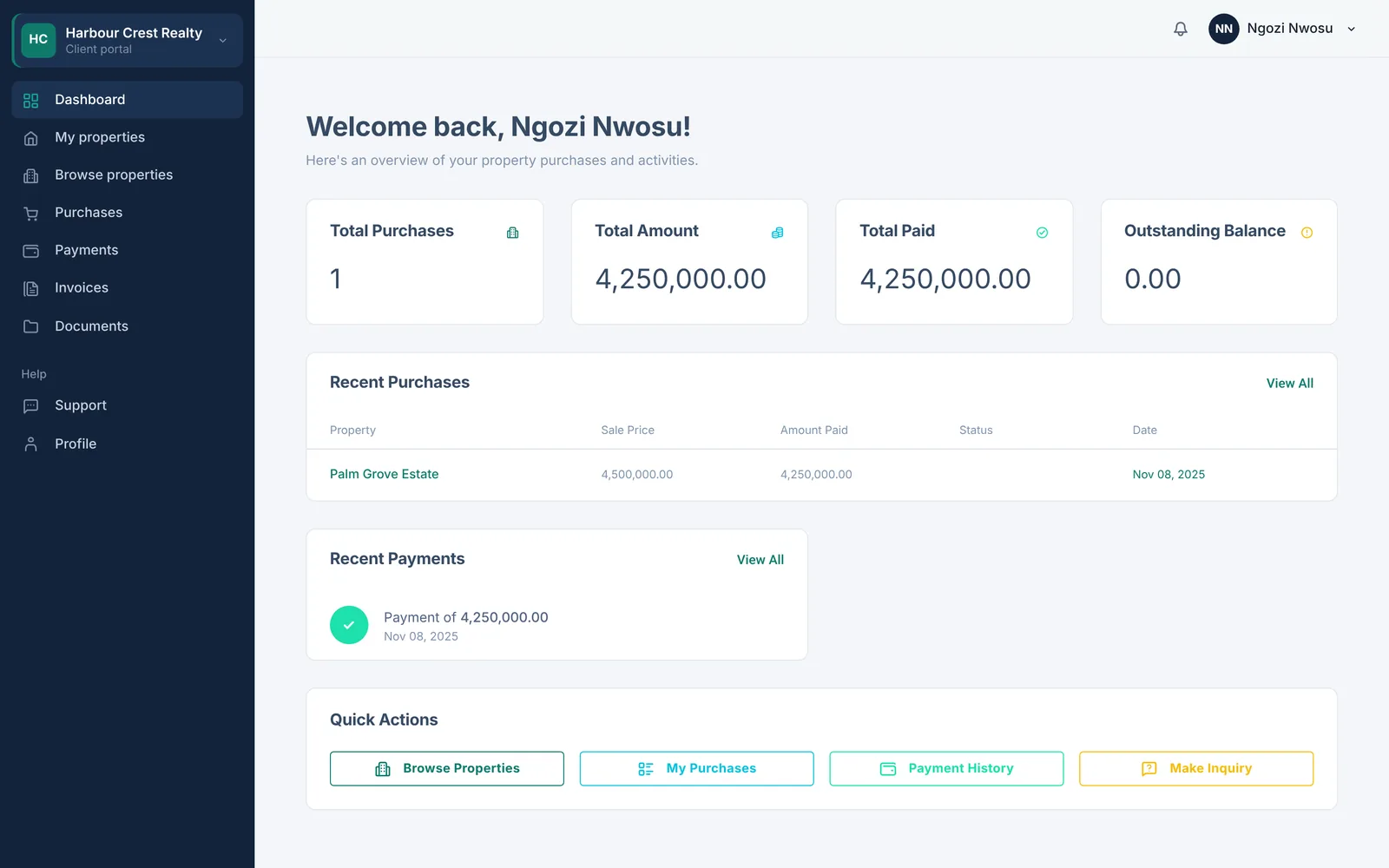 A client portal showing the buyer's purchases, amounts paid and outstanding balance.