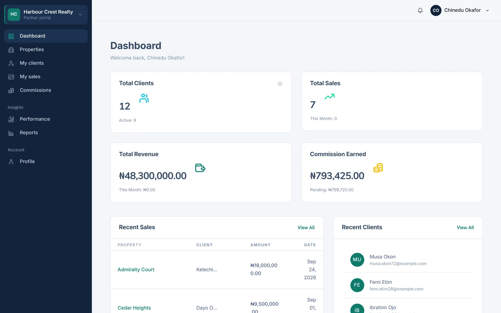 A partner portal dashboard with their clients, sales, revenue and commission earned.