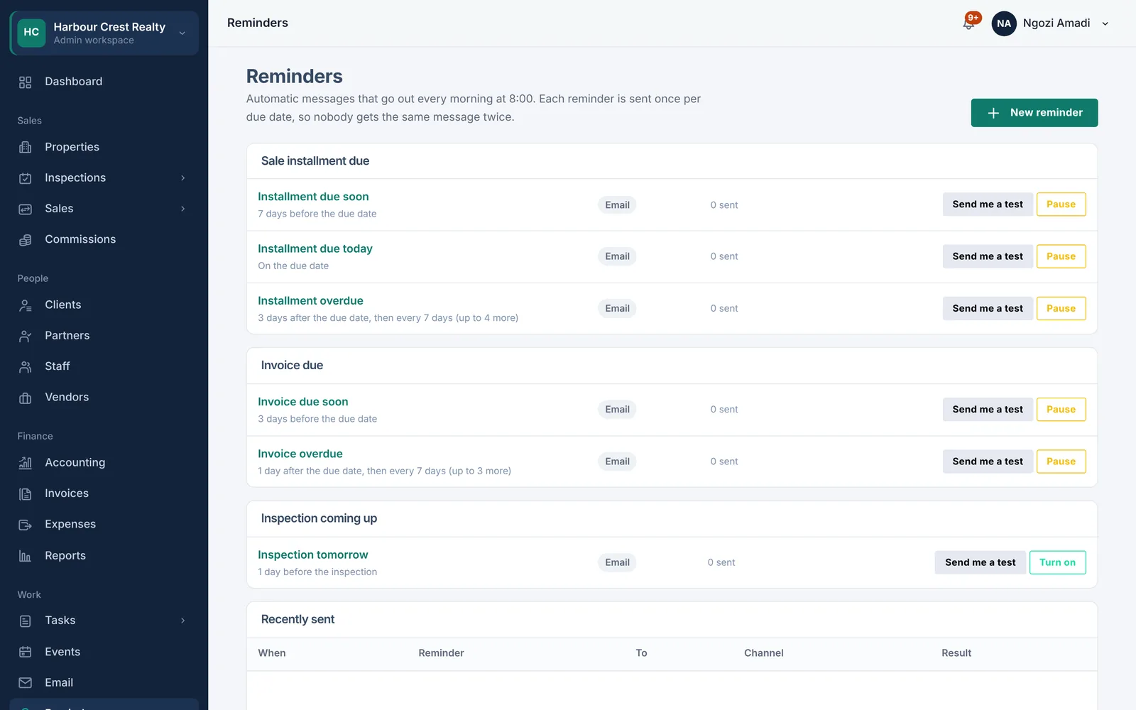The reminders page listing installment, invoice and inspection reminders with their schedules.