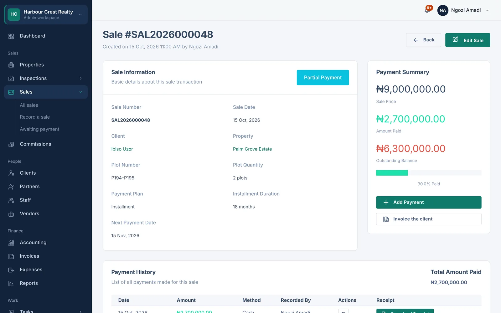 A sale record showing the price, amount paid, outstanding balance, payment progress and the partner commission.